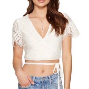 Lovers and Friends white lace wrap around crop top